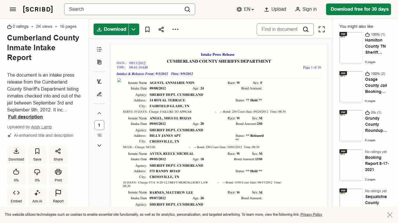 Cumberland County Inmate Intake Report PDF Probation Common Law