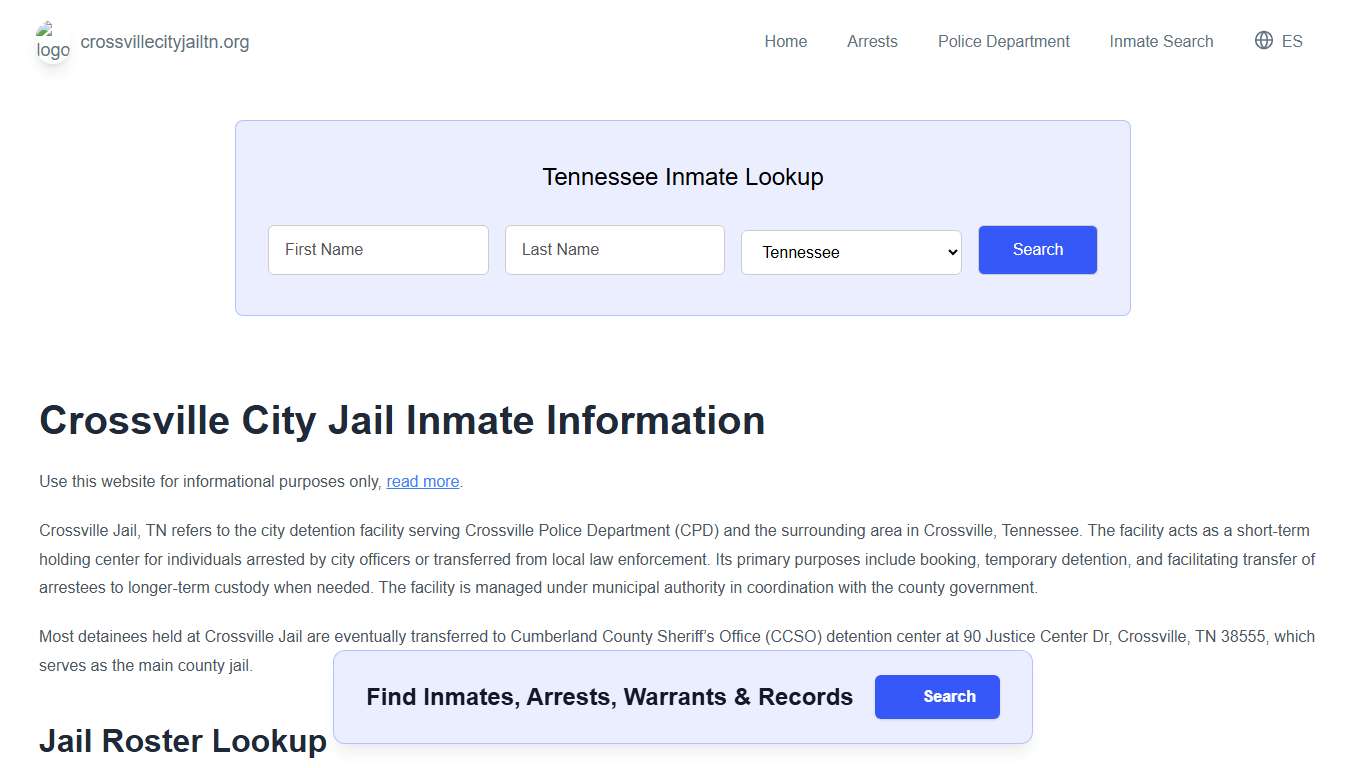 Crossville Jail, TN Inmate Roster, Municipal Jail Info